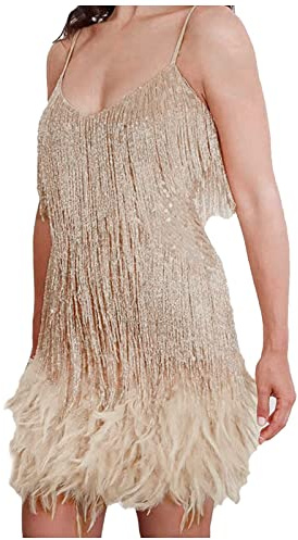 Generisch Fransen Kleid Gold mit Federn Disco Outfit 70s Damen-Kostüm 20er Jahre Minikleid