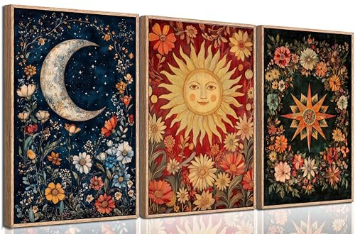 3 Stück Sonne und Mond, himmlische Wandkunst, Tarotmalerei, Dekorbilder, Astrologie, Gothic, Wildblumen, Stern, Leinwandposter, Drucke für Schlafzimmer, Büro, Wohnzimmer, Heimdekoration, ungerahmt