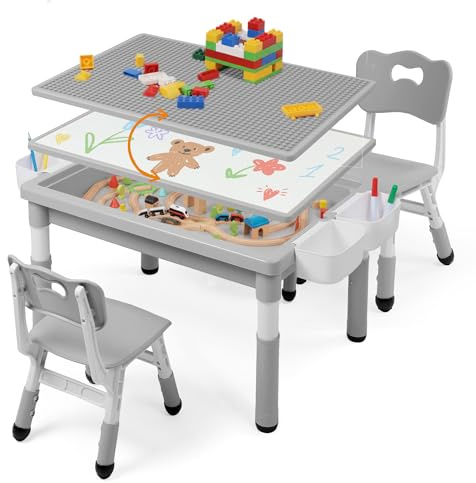 Kids Table and Chairs Set Large Storage, Height Adjustable Toddler Activity Table and 2 Chairs Set, 34.6x24.8 Graffiti/Block Building Desktop, 4 Side Boxes, Kids desk for Home, Preschool, Classroom
