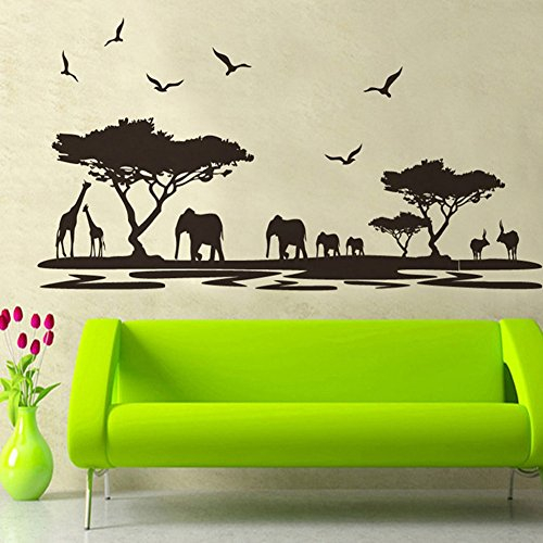WandSticker4U®- XXL Wandsticker SAVANNE Schwarz (160x75 cm) I Wandtattoo Afrika Safari Tiere Elefant Giraffe Landschaft Skyline I Wandtattoo Wohnzimmer schwarz Deko Küche Flur GROß