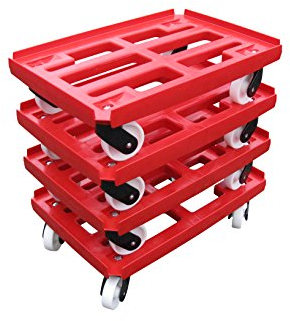 Transportroller 4er Pack für Boxen 600x400mm, roter PP Gitter Rahmen 4x Kunststoff-Lenkrolle, PP Kunststoffrad natur ø 100mm