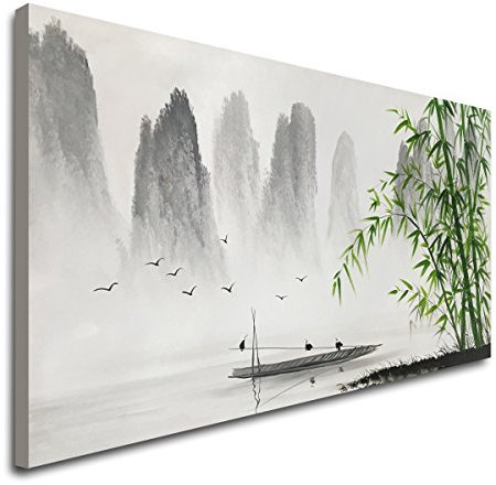 Traditionelle chinesische Malerei, schwarz-weiß, Landschaft auf Leinwand, Wandkunst, Kunstwerk aus Bambus