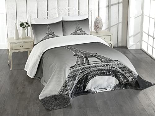 ABAKUHAUS Eiffelturm Tagesdecke Set, Paris Landmark, Set mit Kissenbezügen Feste Farben, für Doppelbetten 220 x 220 cm, Grau