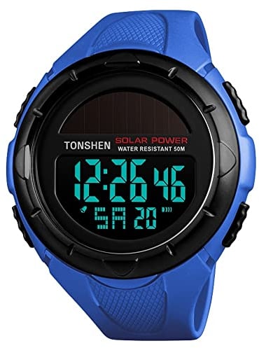 TONSHEN Unisex Grande Plastica Cassa Sportivo Solare Orologio e Gomma Cinturino Outdoor Militare 50M Impermeabile LED Elettronico Allarme Cronometro Digitale Orologi da Polso (Blu)