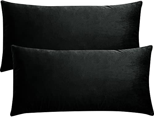 PiccoCasa Kissenbezüge 2er Set Samt Deko Kissenbezug 40x80cm Kissenhülle mit Verstecktem Reißverschluss für Sofakissen Couchkissen Schlafzimmer, Schwarz
