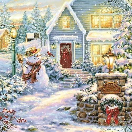 20 Servietten Abends am Winterhaus | Schneemann | Weihnachten 33x33cm