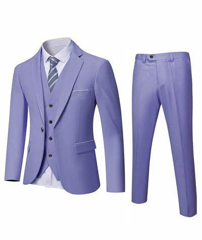 YND Completo da uomo slim fit, 3 pezzi, giacca a tinta unita con un bottone, gilet, pantaloni, con cravatta, Viola, M