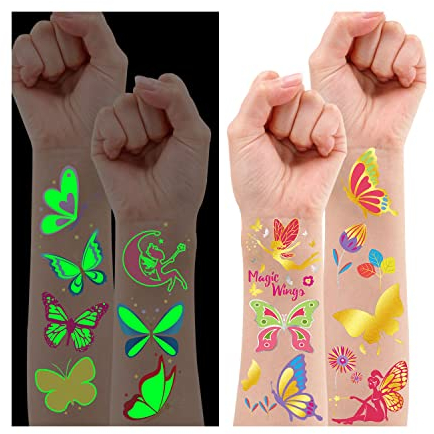 Leesgel Schmetterling Tattoo, 36 Stile Leucht Metallic Glitzer Schmetterling Temporäres Tattoo Kinder Aufkleber, Schmetterling Deko Mitgebsel Kindergeburtstag Geburtstagsdeko Mädchen Festival Zubehör