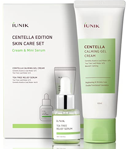 IUNIK SET Centella Edition Skincare Set Kosmetik Set (iUnik Centella Calming Gel Cream Beruhigende Creme 60 ml + iUNIK Tea Tree miniature Serum - Kuschelserum für problematische Töpfe 15 ml)