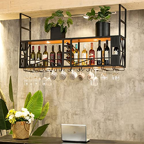 Portabottiglie,Bar,Ristorante,Porta Bicchieri da Vino, Porta Calici da Appendere a Soffitto Sospeso Cornice in Acciaio Inox Portabottiglie Grande Portabottiglie da Vino Mensola Decorativa con Faretto