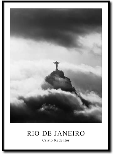 Wandbild Cristo Redentor Brasilien | gerahmtes Bild Rahmenbild | Rio de Janeiro Berg Christusstatue Religion Statue Figur | Bild schwarzweiss schwarz weiß mit Rahmen | 50 x 70 cm