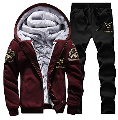 Take Idea Men's Hooded Jacket Lined with Teddy Lining and Hood Plus Velvet Thickening Transition Jacket Cardigan Outwear Letter Classic Print Fit Plain Winter Jacket, red, XXXL