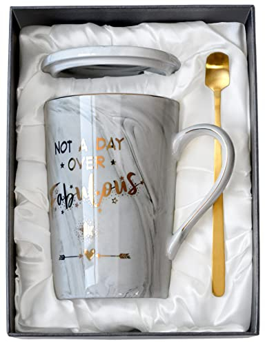 Doublewhale Birthday Mothers Day Gifts for Women, Not A Day Over Fabulous Mug, Gift for Her, Friend, Sister, Dad, Mum, Teacher, 14Oz Grey Marble Coffee Mug with Lid, Spoon, Greeting Card, Gift Boxed
