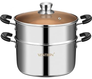 VENTION 2 Tier Steamer Cooking, Food Steamer 22 cm, Vegetable Steamer Induction, Stainless Steel Steamer Pan, Capsule Bottom