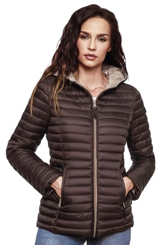 MARIKOO Damen Steppjacke Übergangsjacke gesteppte Jacke mit Kapuze Frühjahr Stepp B857 [B857-Asr-Dunkel-Schoko-Gr.M]