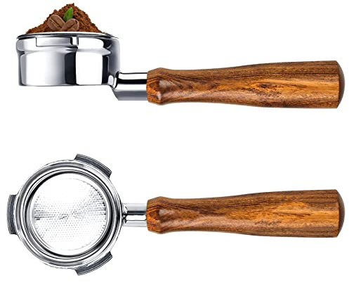 Portafiltre sans fond de 54 mm pour machines Breville Barista Express et Breville de 54 mm, Portafiltre professionnel nu avec panier (acier inoxydable et bois à grain élégant)