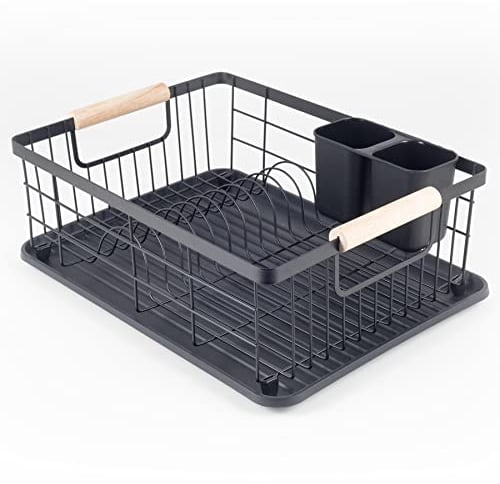 Hanseküche Égouttoir Noir Mat - Égouttoir de Haute qualité pour la Vaisselle avec poignées en Bois - Support de Vaisselle en Acier Inoxydable pour l'évier