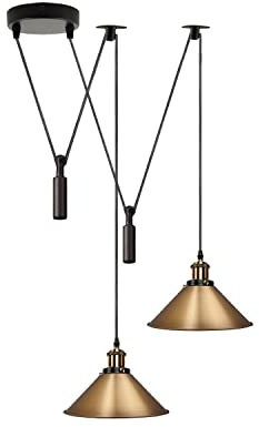 LEDSONE 2 Head Ceiling Pendant Spider Light, Metal Light Shade, Adjustable 195cm Cord, Vintage Edison 60w E27 Bulb Base, Industrial Retro Lighting Island Lamp (Yellow Brass Cone) 2HCLPL