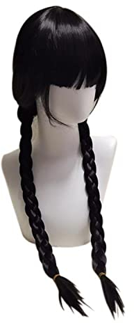 HEZHU Addams Perücke Mittwoch Addams Cosplay Perücke mit Perücke Cap Schwarze Perücken Gothic Halloween Schwarz Geflochtene Zopfperücken