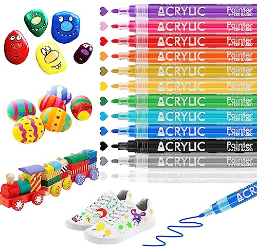 Giloty Peinture Acrylique Marqueur, 12 Couleurs Imperméable Marqueur Permanent, Stylos Acryliques à Base d'Huile à Séchage Rapide Feutre Indelebile Toutes Surfaces Pour Pierre, Pneu, Bois