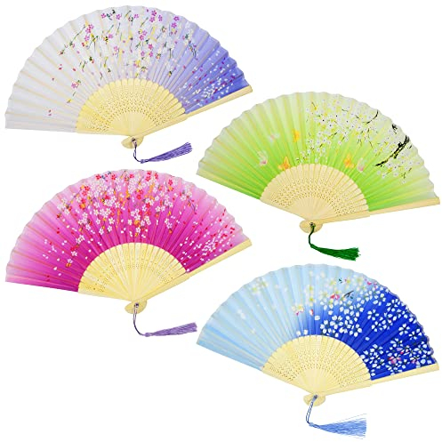 KEYIDO 4 Pcs Hand Folding Fans for Women Handheld Folding Fan Silk Fabric Ladies Fan Chinese Japanese Folding Fans with Tassel for Wall Decoration Wedding Dancing Cosplay
