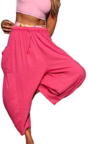 shownicer Leinenhose Damen High Waist Plissee Weite Haremshosen Leichte Boho Sommerhose Leinen Weitem Hose Elegant Stoffhose mit Taschen A Rosa L