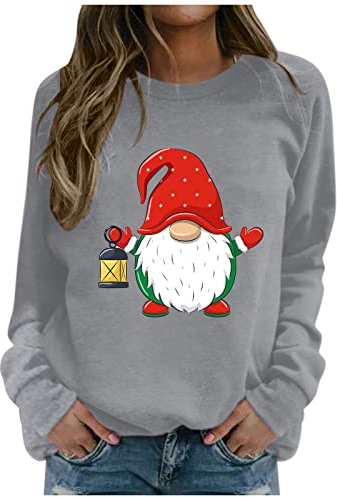Skang Pullover Damen Winter Hooded Print Bluse Fashion Pullover Damen Langarm Weihnachten Damen Hoodies Sweatshirts Damen Norweger Pullover (Grey, M)
