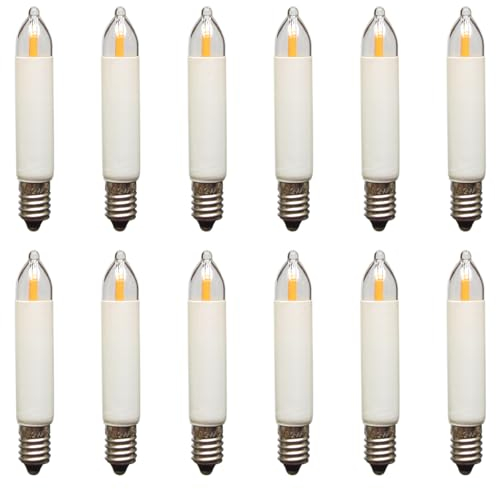 Erzgebirgslicht - AUSWAHL - 12 Stück LED Filament Kleinschaftkerze 23V 0,2W E10 für 10 Brennstellen Ersatzbirne Glühbirne Minischaftkerze Glühlämpchen für Lichterketten Pyramide und Schwibbogen