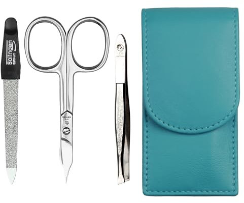 Sonnenschein by Hans Kniebes - Maniküre Set 3 teilig - Nagelschere, Nagelfeile und Pinzette - Taschenmaniküre Nagelpflegeset - Nappa-Lammleder Manicure Etui (Türkis)