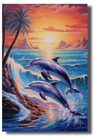 LZIMU Delfin Leinwand Bilder springender Delfin bei Sonnenuntergang Bilddrucke Aquarell Meereslandschaft Meereswellen Poster für Kinderzimmer Dekoration (Bild-3, (40.00 x 60.00 cms))