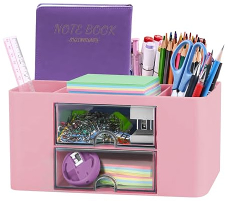 SYJINHUASY Multifunktionaler Schreibtisch Organizer, Kompakter Büroorganizer mit 5 Fächern & 2 Schubladen,Plastik Tisch Organizer für Büro Zuhause Schule (Pink-A)