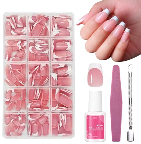 French False Nails - 240Pcs Press On Gradient White With Glue - Medium Length Glossy Full Cover - Long Lasting Stick On Gifts for Women