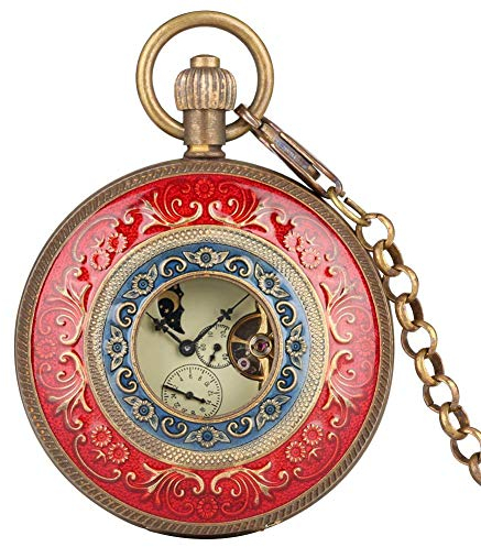 JFNHUTL Antike mechanische Taschenuhr aus reinem Kupfer für Herren, horizontale Phasen, Mond und Sonne, 24-Stunden-Skelettuhren, Geschenk für Damen