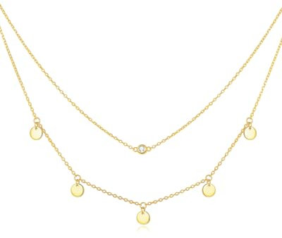 FANCIME Layered Kette Damen mit Plättchen Anhänger, 14K Gelbgold Vergoldet Personalisierte Zarte Mehrreihige Halskette, 925 Sterling Silber Halskette Schmuck für Damen Mädchen