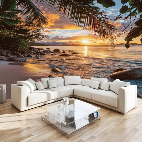Papier Peint Panoramique coucher de soleil océan cocotier Décoration Mural 400 x 280 cm Poster Papier Peint Intissé Murales Salon Chambre á Coucherr Bureau Décor à La Maison
