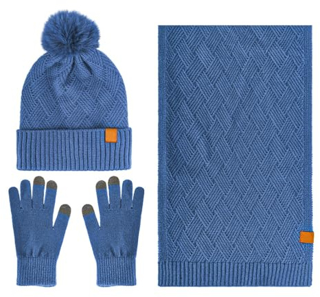 Tiardey Mütze, Schal, Handschuh-Set für Damen, Totenkopfmütze, langer Schal, heißer Touchscreen-Handschuh, 3-in-1, warmes Winter-Strick-Vintage-Mützen-Set für Damen und Herren (blau)