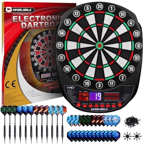 Elektronische Dartscheibe Profi Set 34 Games mit 354 Varianten3 Sprachen: Deutsch, Englisch, Französisch für 1 bis 8 Spieler mit 12 Darts SP02-G-A