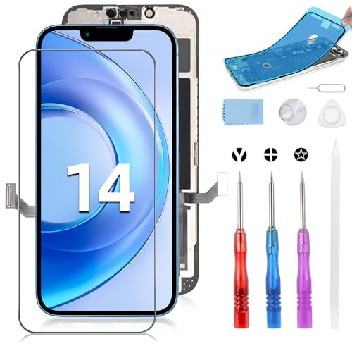 Moautodc Display für iPhone 14 Bildschirm : 6.1 LCD 14 Display FHD 3D Touchscreen Digitizer Rahmen Montage und Reparaturkits (Modell A2649, A2881, A2884, A2883, A2882)