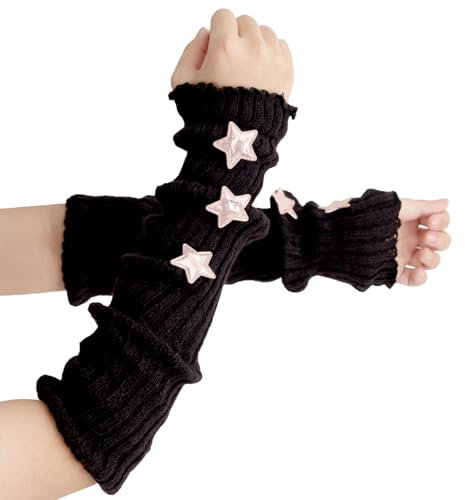 GADITIEK Armstulpen Damen, Armstulpen Sommer, Stern Lang Armlinge Damen Y2k Style Arm Warmers Lange Fingerlose Handschuhe Winter Gestrickte Baumwolle für Frauen (Schwarz)