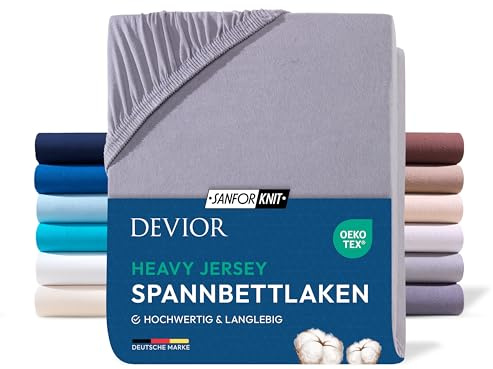 Devior Heavy Jersey Spannbettlaken 180x200cm - 200x200cm, 100% Baumwolle, Split Topper bis 10cm, Grau – 160 g/m² Anti-Statisches, atmungsaktives Bettlaken mit Einlaufschutz, Matratzenbezug Grau