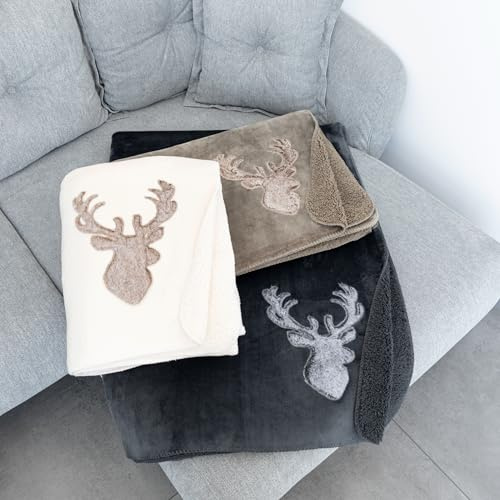 CB Home & Style Kuscheldecke Wohndecke Flanell & Sherpa Landhaus mit Hirsch 150 x 200 cm Decke weich (Creme)