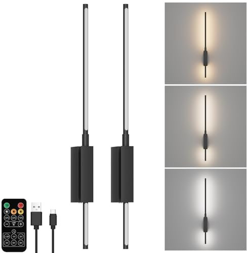 Coinmit 2 Stück 6000mAh Akku Wandleuchte,70CM Schwarz Kabellose Wandlampe mit Fernbedienung,LED 3000K-6000K Dimmbare Touch Wandleuchten,Wandleuchte für Innen