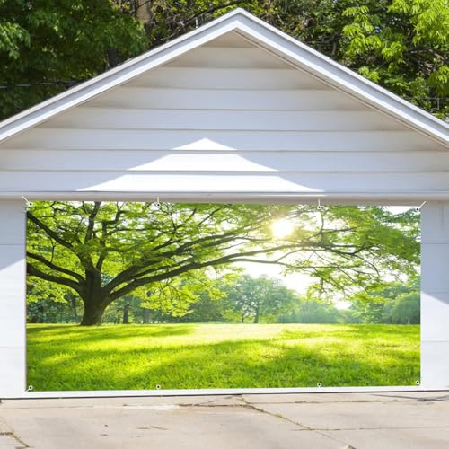 Frühlingswald Garagentor-Dekorationen, Banner, 2,1 x 4,9 m, Waldbaum, Garagentorabdeckung, grünes Grasland, natürliche Landschaft, Sonnenschein, Fotografie, Hintergrund, großer Frühling, Geburtstag,