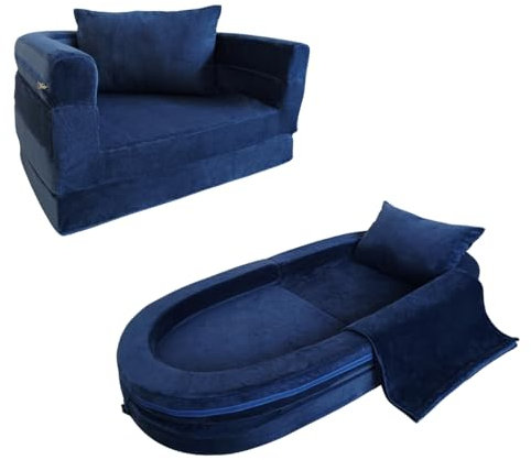 Wonder Space Vor-montiertes Kinder Schaumsofa mit Decke & Kissen, Kleinkind 3-in-1 Konvertierbares Sofa, Innen Zusammenklappbarer Lounger Stuhl & Klappbares Bodenbett für Jungen & Mädchen (Marine)