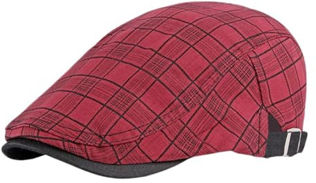 Rayson Schiebermütze Herren Barett Cap Karierte Verstellbare Baskenmütze Newsboy Flat Beret Hut Atmungsaktiv Sommer(Rot)