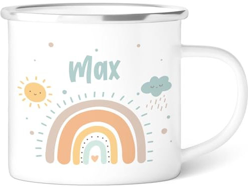 GRAVURZEILE Emaille Tasse für Kinder - Kindermotive - Personalisiert mit Namen - 8 versch. Motive - 300 ml - Trinkbecher für Kinder - Geschenk für Jungen & Mädchen - Farbe: Regenbogen Pastell Blau