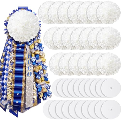 Zeyune 20 Sets 16,5 cm Homecoming Mama Blume mit Backer Homecoming Mum Supplies Künstliche weiße Chrysanthemen Homecoming Zubehör Kit DIY für Schulanfang Homecoming Woche Party Dekor