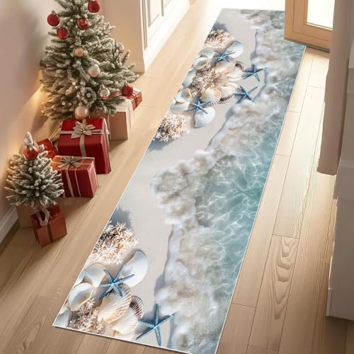 Meugesoi Ozean Strand Teppichläufer rutschfest Waschbar 60x180 cm, Muschel Küchenteppich Flurteppich Teppich Läufer für Flur, Eingangsbereich, Küche, Wohnzimmer