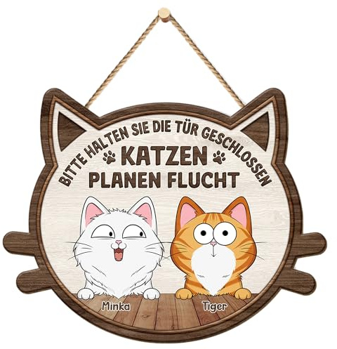 Geschenke Mall Holzschild Personalisiert - Katzen Planen Flucht - Schild selbst gestalten, haustürschilder mit namen, blechschild katze, holz namensschild, holzschild katzen (1 Katze)