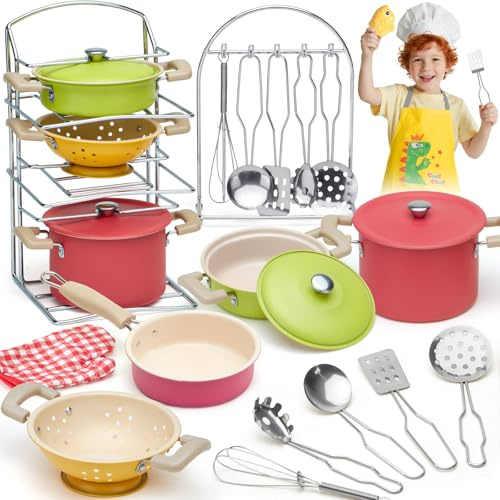 Tacobear Kinderküche Zubehör Edelstahl Kochset Topf Pfanne Kochgeschirr Set mit Schürze Handschuh Spielküche Zubehör Küchen Spielzeug für Jungen Mädchen